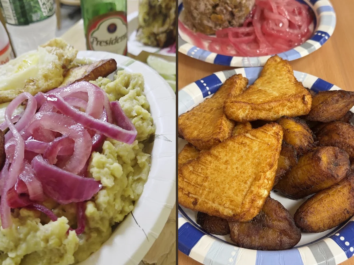A small eatery with plated fried meats.