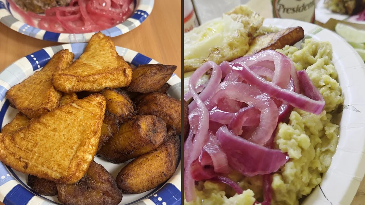 Colorful Dominican plates on a restaurant table.