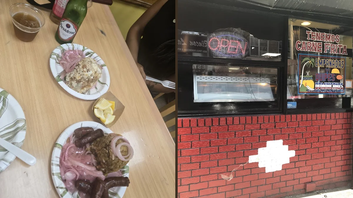 A small eatery with plated fried meats.