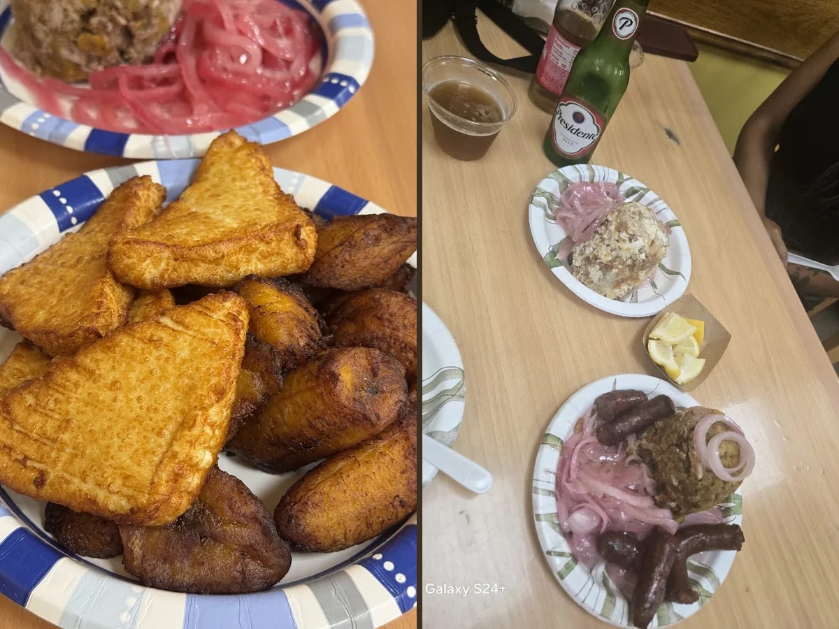 A small eatery with plated fried meats.