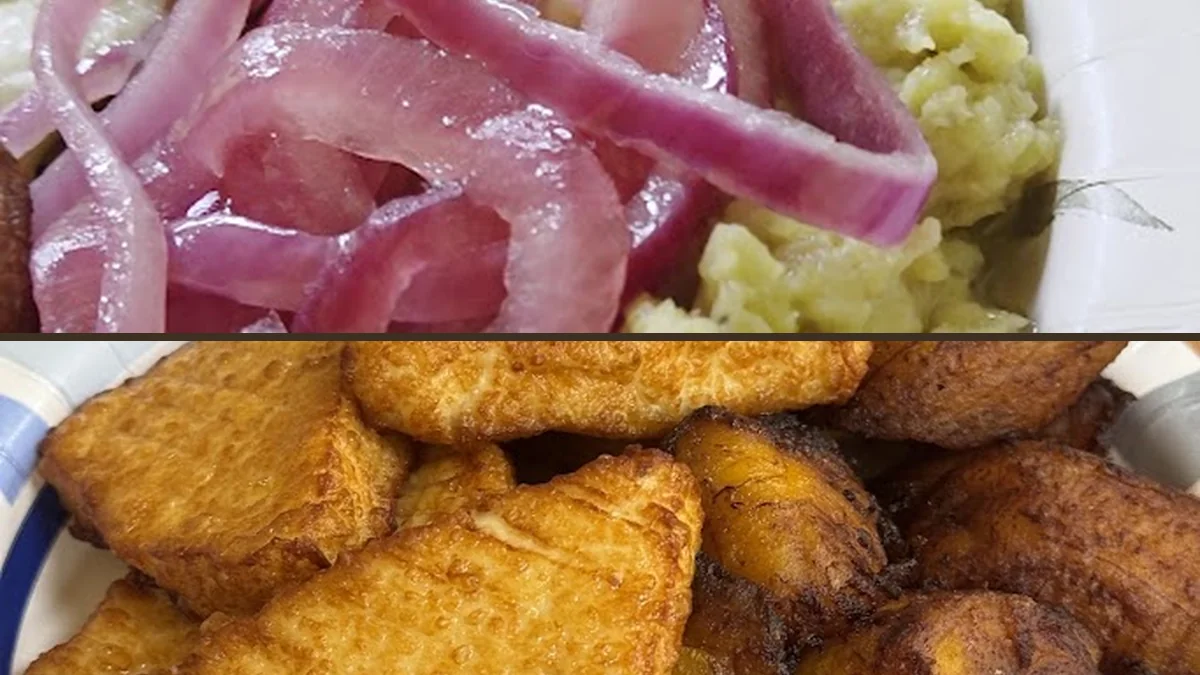 Mofongo served beside yuca and plantains.
