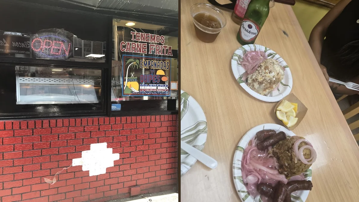 A small eatery with plated fried meats.